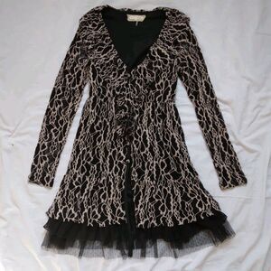 A'Reve Dress Black Long Sleeve Collared Layered Ruffled Lace Hem Womens Medium